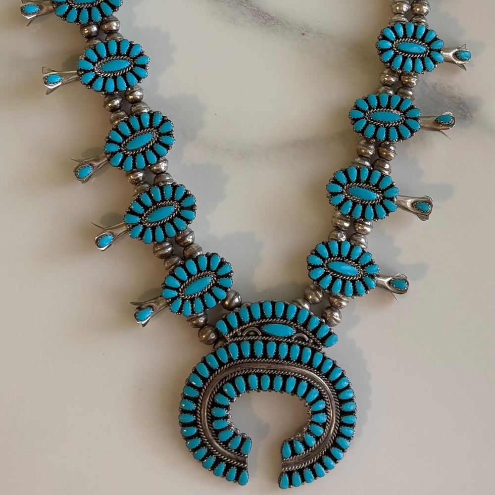Vintage Sterling Silver Turquoise Native American Squash Blossom Necklace.